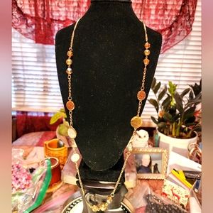 Goldtone necklace with silver sparkles copper sparkles amber beads